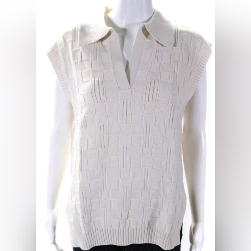 Ninety Percent Womens Collared Basket Weave V Neck Tank Top Cream Size M